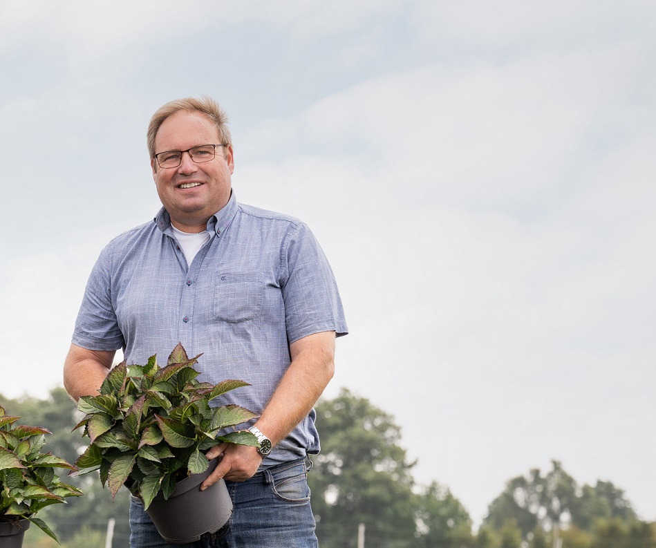 Kunde Substrathersteller, Mann mit Hortensie vor Hortensienfeld